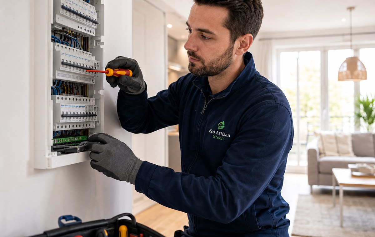Électricien devant un tableau électrique